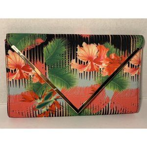 Aldo Floral Campagnano Clutch Purse Bag Hibiscus Hawaiian Colorful Pink Green